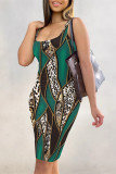 Green Sexy Leopard Print Chain print Contrast U Neck One Step Skirt Dresses