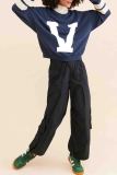 Black Casual Letters Patchwork Contrast O Neck Tops