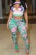 Green Casual Print Hollow Out Patchwork O Neck Short Sleeve Two Pieces