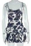 Black Sexy Print Patchwork Backless Cross Straps Ruched Spaghetti Strap Sling Dresses