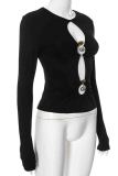 Black Sexy Solid Color Hollow Out Patchwork O Neck Tops