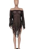 Red Sexy Solid Color Fringed Trim Hollow Out Patchwork Swimwears Cover Up