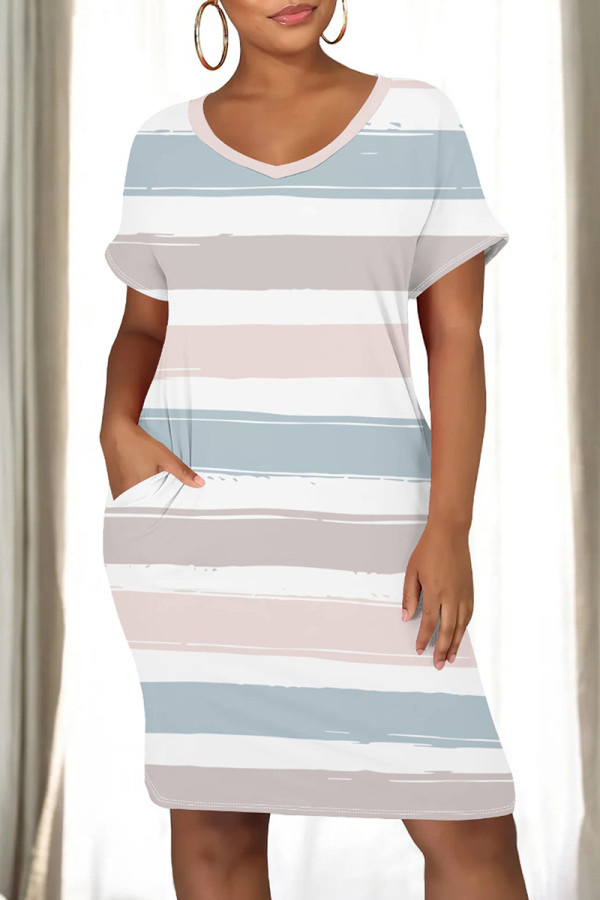 Baby Blue Casual Print Pocket Patchwork O Neck Straight Dresses