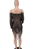 Red Sexy Solid Color Fringed Trim Hollow Out Patchwork Swimwears Cover Up