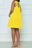 Deep Blue Sexy Solid Color Pocket Patchwork Backless Strap Design U Neck A Line Dresses