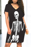 Black Apricot Casual Skull Flowers Print Pocket O Neck Short Sleeve Short Sleeve Dress