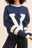 Black Casual Letters Patchwork Contrast O Neck Tops