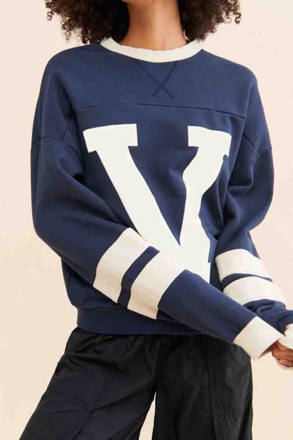 Tibetan Blue Casual Letters Patchwork Contrast O Neck Tops