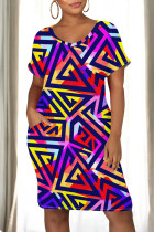 Fuchsia Casual Print Pocket Patchwork O Neck Straight Dresses