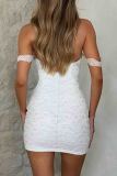 White Sexy Solid Color Lace Patchwork Backless Zipper Strapless Wrapped Skirt Dresses