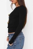 Black Sexy Solid Color Hollow Out Patchwork O Neck Tops