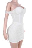 White Sexy Solid Color Lace Patchwork Backless Zipper Strapless Wrapped Skirt Dresses