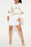 White Casual Letters Sequins Patchwork O Neck T-Shirts
