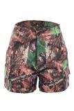 Brown Street Print Buttons Patchwork Zipper Straight Mid Waist Straight Full Print Bottoms