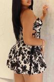 Black Sexy Print Patchwork Backless Cross Straps Ruched Spaghetti Strap Sling Dresses