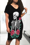 Black Apricot Casual Skull Flowers Print Pocket O Neck Short Sleeve Short Sleeve Dress