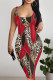 Red Sexy Leopard Print Chain print Contrast U Neck One Step Skirt Dresses