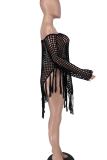 Red Sexy Solid Color Fringed Trim Hollow Out Patchwork Swimwears Cover Up