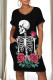 Black White Casual Skull Flowers Print Pocket O Neck Short Sleeve Short Sleeve Dress