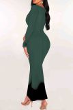 Ink Green Elegant Print Patchwork U Neck Long Dresses