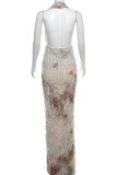 Khaki Sexy Patchwork Backless Ruched Deep V Neck Long Dresses