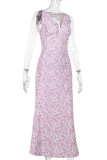 Pink Elegant Print Patchwork Backless V Neck Long Dresses