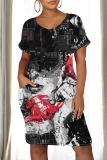 Red Casual Print Pocket Patchwork O Neck Straight Dresses