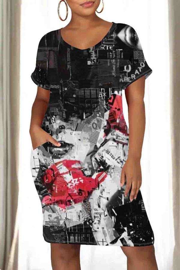 Black And White Casual Print Pocket Patchwork O Neck Straight Dresses