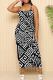 Black And White Casual Geometric Print Patchwork Spaghetti Strap Sling Dresses