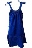 Deep Blue Sexy Solid Color Pocket Patchwork Backless Strap Design U Neck A Line Dresses