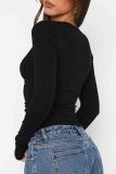 Black Sexy Solid Color Hollow Out Patchwork O Neck Tops