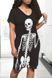 Black Apricot Casual Skull Flowers Print Pocket O Neck Short Sleeve Short Sleeve Dress