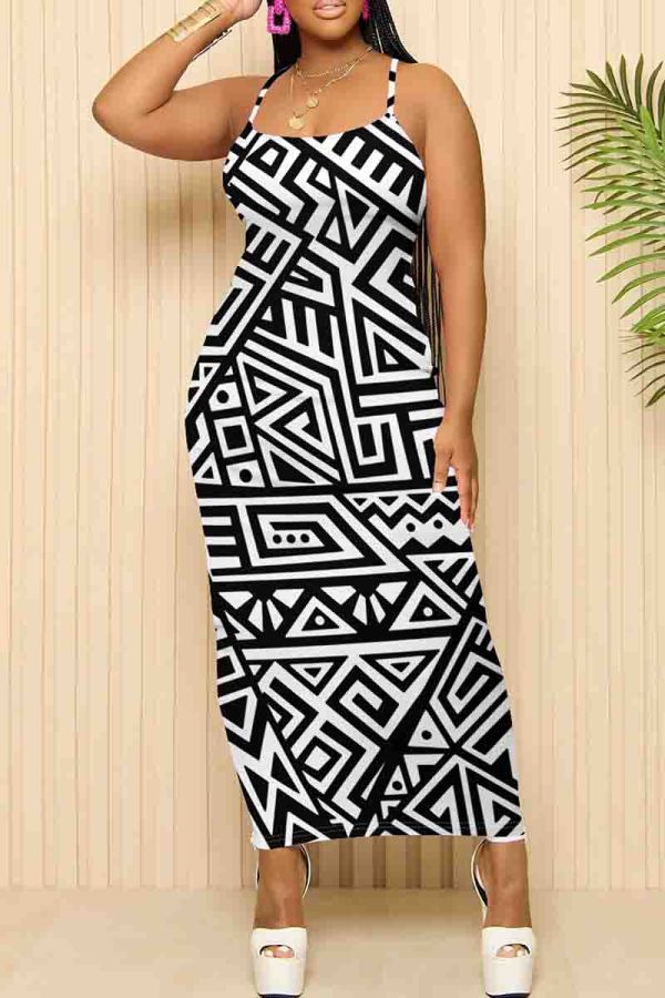 Black Casual Geometric Print Patchwork Spaghetti Strap Sling Dresses