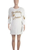 White Casual Letters Sequins Patchwork O Neck T-Shirts