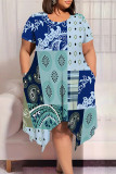 Blue Casual Plaid Geometric Print Pocket Contrast O Neck Short Sleeve Plus Size Dresses