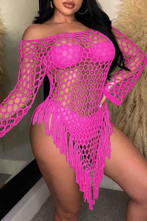 Rose Red Sexy Solid Color Fringed Trim Hollow Out Patchwork Swimwears Cover Up