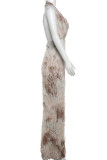 Khaki Sexy Patchwork Backless Ruched Deep V Neck Long Dresses