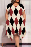 Blue Casual Plaid Geometric Print Pocket Contrast O Neck Short Sleeve Plus Size Dresses