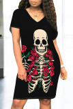 Black Apricot Casual Skull Flowers Print Pocket O Neck Short Sleeve Short Sleeve Dress