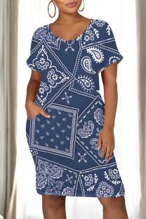 Blue Casual Street Colorblock Striped Print Heart Shaped Pocket Contrast O Neck Printed Dresses