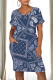 Blue Casual Street Colorblock Striped Print Heart Shaped Pocket Contrast O Neck Printed Dresses