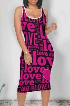 Pink Casual Letters Patchwork Contrast U Neck Wrapped Skirt Dresses