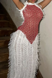 Red Street Stripe Fringed Trim Patchwork See-Through Backless Turtleneck Long Dresses
