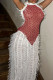 Red Street Stripe Fringed Trim Patchwork See-Through Backless Turtleneck Long Dresses