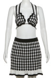 Black Sexy Geometric Print Patchwork Backless Deep V Neck Sleeveless Two Pieces