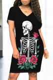 Black Apricot Casual Skull Flowers Print Pocket O Neck Short Sleeve Short Sleeve Dress