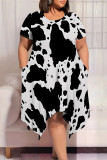 Blue Casual Plaid Geometric Print Pocket Contrast O Neck Short Sleeve Plus Size Dresses