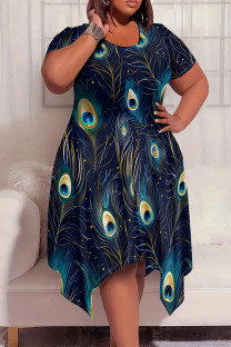 Navy Blue Casual Print Patchwork O Neck Irregular Plus Size Dresses
