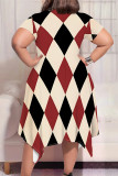 Blue Casual Plaid Geometric Print Pocket Contrast O Neck Short Sleeve Plus Size Dresses