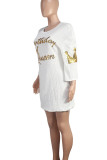 White Casual Letters Sequins Patchwork O Neck T-Shirts